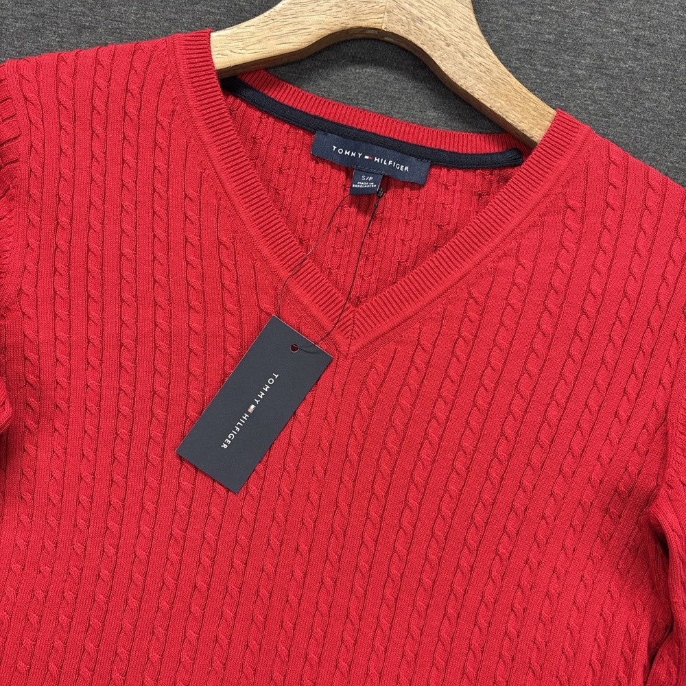 Tommy Hilfiger Sweater Womens S/P Red Long Sleeve V Neck Cable Knit Preppy NEW